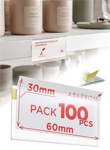 100 Unidades de Porta etiquetas Transparente Autoadhesivas 30mm de alto 60mm de largo. Portaprecios adhesivos individuales de 60mm, Etiquetas para Precios, Carteles para Precios, Porta Precios Tienda