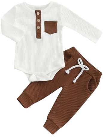 BeliBacca Completo neonato per bambino primavera-autunno, con contrasto di colori, in maglia a coste, a maniche lunghe, con bottoni, tutina con pantaloni lunghi elasticizzati, set da 2 pezzi