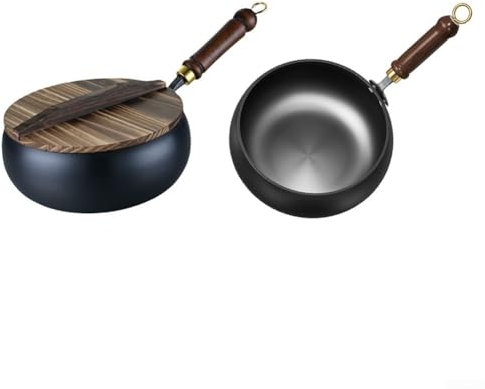 Sartén de hierro sin revestimiento, diseño de vientre grande forjado a mano, sartén de hierro con tapa, para cocinar a fuego lento y freír a altas temperaturas, para cocinar