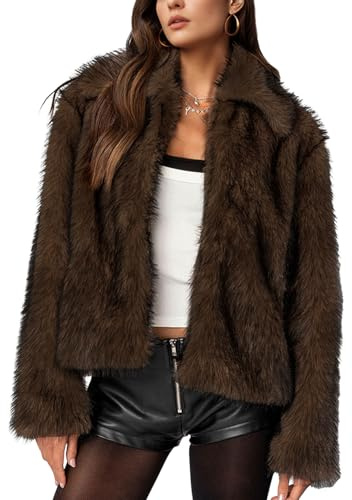 Wyeysyt Women's Faux Fur Coat Lapel Fluffy Faux Fur Jacket Long Sleeve Open Front Winter Jackets Parka Shaggy Short Coat(Coffee-M)