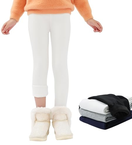 JinBei Leggings Felpati Bambina Invernali Leggins Termici Ragazza Lunghi Pantaloni Foderati in Pile Bambino Caldo Spesso Morbido Termica Abbigliamento Bianco per Sportivi Casual, 8-9 Anni
