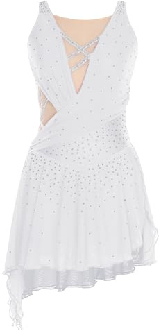 Chaoyinn Donna Abito Pattinaggio Artistico Brillante Strass Body Ginnastica Danza Spettacolo Schiena Incrociata Tenuta Abbigliamento Danza Bianco M