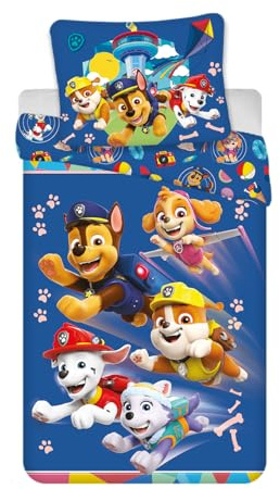 BrandMac Paw Patrol barnsängkläder set - 100 % bomull - påslakan 135 x 200 cm + örngott 80 x 80 cm, med Everest, Stella, Chase, Marcus och Ruben