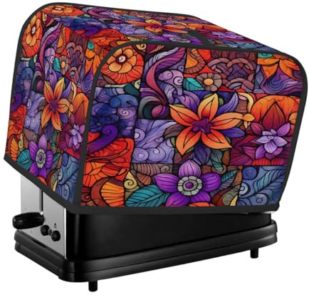 Stained Glass Style Flower Pattern Toaster Cover 4 Slice, Waterproof Protective Oxford Fabric Small Kitchen Appliance Dust Cover with Pocket for Toaster Oven Coffee Machine Mixer