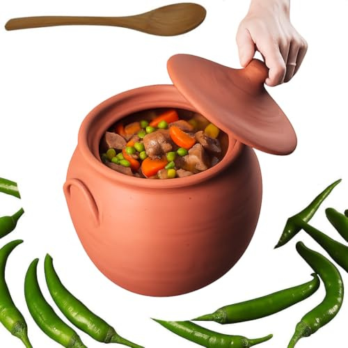 Earthenware Clay Mud Eathern Terracotta Cooking Pot Pottery Cazuela Cookware with Lid Natural Stovetop Stove Top Stone Stew Rice Unglazed Mexican Indian Kitchen Oven Terra Cotta Handcrafted Traditional Healthy (5.2 Quarts - Size2)