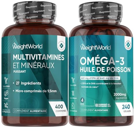 Duo Complémentaire - Omega 3 Huile de Poisson Gélules et Multivitamines et Minéraux Micro-Comprimés - Omega 3 DHA et EPA 240 Gélules - Multivitamines Minéraux 400 Comprimés, 27 Nutriments Essentiels