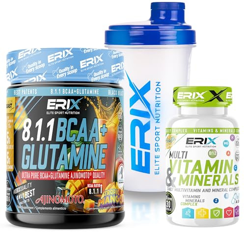 ERIX Nutrición Pack L-Glutamina + BCAA Ajinomoto Sabor Mango (300g) + Complejo de Vitaminas y Minerales (30 Cápsulas) + Shaker Blanco, Suplementos Deportivos para Recuperación Muscular