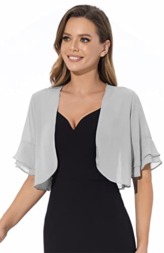 Boléro en mousseline de soie douce ouverte sur le devant à manches 3/4 pour femme, Argenté, Large