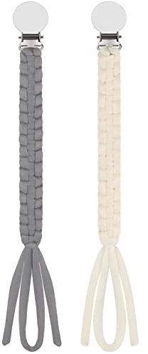 Kowlone Schnullerkette Baumwolle Junge mädchen Dummy Clips Geflochten Schnuller Clips Halter für Babydusche 2-Pack(Cremeweiß,Grau)