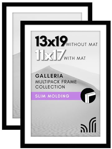 Americanflat 13x19 Picture Frame with Polished Plexiglass - Set of 2 - Use as 11x17 Frame with Mat or Display 13x19 Photo Without Mat - Galleria Collection - Picture Frames for Wall Display - Black