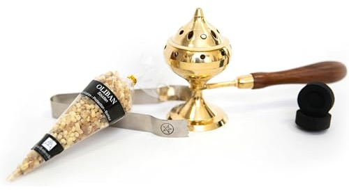 Coffret encensoir Bronze avec poignée en Bois + 10 charbons + 1 Pince + 1 Lot de résine encens Encens (Oliban)