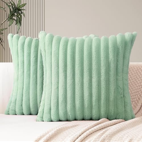 JOTOM 2er Set Doppelseitige Kunstpelz Plüsch Kissenbezüge, Dekorative Weich Kissenbezug Moderne Kissenhülle Sofakissen Zierkissenbezug für Wohnzimmer Schlafzimmer Deko (45x45cm, Grün)