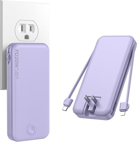 Nusyddy Portable Charger, 10000mAh PD20W Fast Charging Power Bank with Built-in Cables & Wall Plug, Travel Essential External Battery Pack, USB C Battery Phone Charger for iPhone, iPad, Samsung Purple