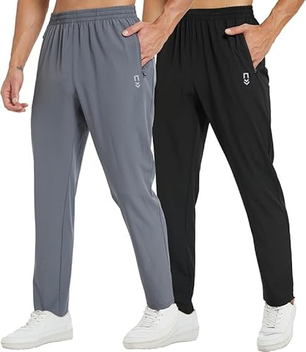 frueo 2 Pack Jogging Bottoms Men Quick Dry Pants with Zipper Pockets | sport jogging bottoms,running trousers,lightweight joggers,workout sweatpants,training summer pants