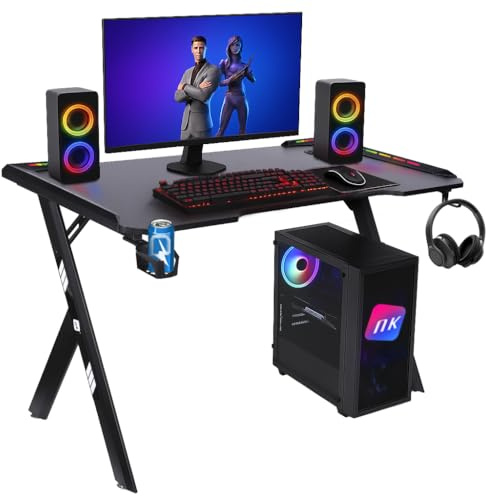 NK Mesa Escritorio Gaming con LED (120X60cm) - Portavasos y Botellas, Soporte para Auriculares/Cascos, Gestión de Cables, Gaming Desk, Tabla 1.5cm (Resistencia) Peso Máximo Soportado 100kg