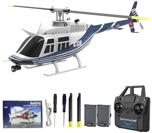 Hylukon C138 Remote Control Helicopter, 1:33 Scale Bell206 Helicopter 2.4G 4CH RTF Single Propeller Aileron Free, Optical Flow Positioning, Six-axis Gyroscope Stabilization Gift for Adults (2 Battery)
