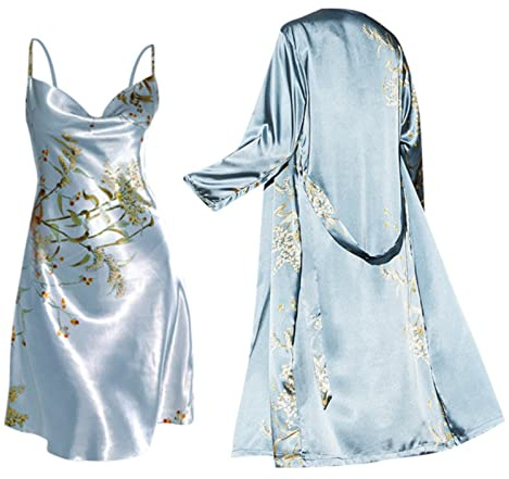 Chanpning Nuisette Femme,2 Pcs Robe De Chambre Cerisier Vert Satin Peignoir Long Kimono Sexy avec Ceinture Col V Babydoll Chemise De Nuit Déshabillé Luxueux Pyjama Lingerie Mariée Vêtements De Nuit