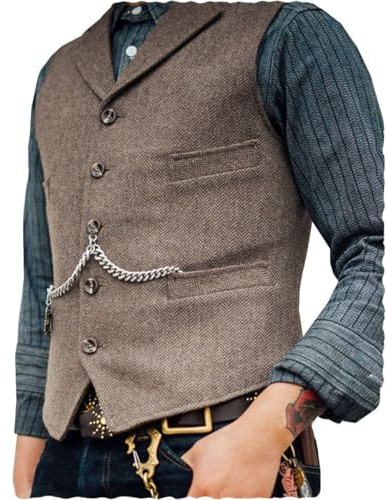AeoTeokey Gilet Classique Homme en Tweed de Laine, Décontracté, Sans Manches, Gilet à Chevrons pour Costume de Soirée, marron clair, 3XL