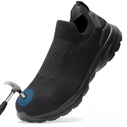 Furuian Slip On Steel Toe Safety Shoes for Men Lightweight Breathable Steel Toe Work Sneakers Comfortable Non Slip Safety Work Tennis Shoes for Men Black