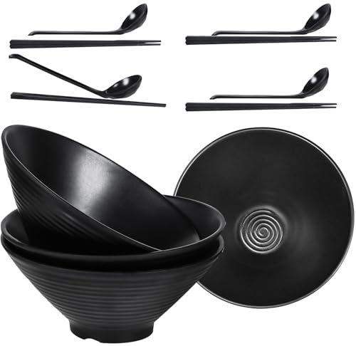 Purilit design Large Noodle Ramen Bowls - 4 Set Japanese Dinnerware Set,4 Chopsticks,4 Spoons, 40 OZ Soup Bowls for Pasta,Salad,Large Bowl for Adults, Dishwasher Safe(Black)
