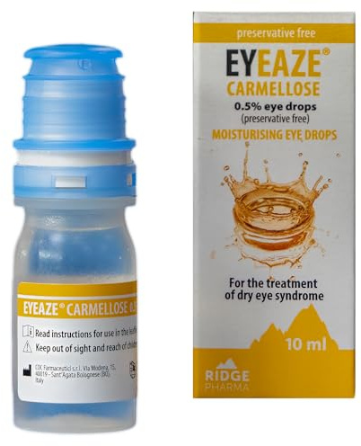 Ridge Pharma Eyeaze Carmellose Preservative Free Eye Drops – Soothing Moisture for Dry, Itchy or Irritated Eyes - Contact Lens Compatible - 0.5% for Mild Dryness - Eye Care Products - 10ml