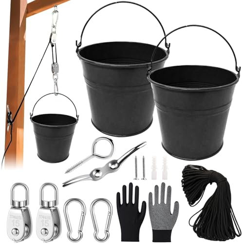 Poulie pour enfants, poulie avec seau en métal, accessoires pour cabane dans les arbres, tour de jeu, poulie avec seau, système de poulie pour enfants, tour de jeu, accessoires de jardin, jouets de