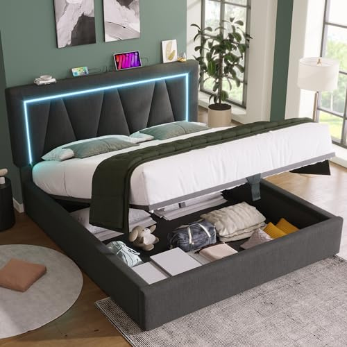 Laxnb Cama Tapizada 140x200 Cama Matrimonio, Cama Juvenil con Cabecero y LED y USB, Camas Matrimoniales con Almacenaje Hidráulico, Estructura Cama Doble con Lamas de Madera, Lino Gris, Sin Colchón