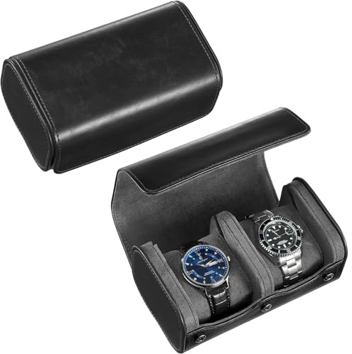ProCase Watch Travel Case, 2 Slots PU Leather Watch Roll Box for Men, Portable Watch Holder Organizer, Gifts Ideas -Black