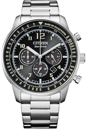 Citizen Men's Eco-Drive Sport Casual Chronograph Watch, Silver-Tone Stainless Steel Bracelet, Black Dial, Chronograph, Date (Model: CA4500-83E)