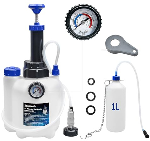 Zoomtools Kit di spurgo Freni Manuale 3L per Auto, Kit Cambio Liquido Freni con Serbatoio Raccolta 1L, 1 adattatori(E20) e Compatibile con la Maggior Parte dei Veicoli Europei (1 Adattatori)
