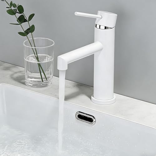 ONECE Grifo de Lavabo Blanco, Grifería Baño Monomando, Mezclador de Acero Inoxidable 304 Anti-ruido, Aireador Extraíble, Agua Fría y Caliente, Válvula de Cerámica