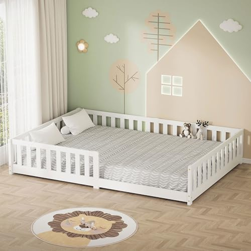 ML-Design Barnsäng 140x200 cm Vit, Golvsäng för Småbarn med Starkt Lattenrost och Rausfallskydd, Junior Säng i Hållbart Massivt Furu Trä, Enkel Bekväm Säng för Pojkar och Flickor med Robust Sängram