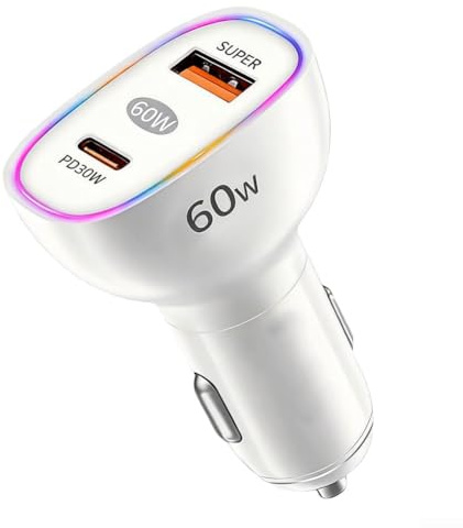 Cargador de coche de doble puerto 60W PD 30W Adaptador de carga rápida con luz ambiental RGB, QC 3.0 USB Enchufe de coche para vehículos de 12 V 24 V, carga simultánea de tableta de teléfono (blanco)