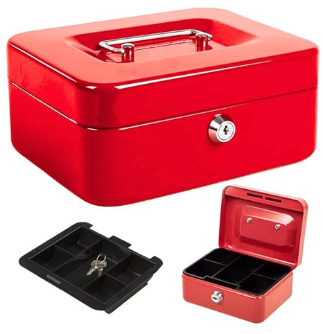HomeZone 4 Inch Lockable Money Box With Key Heavy Duty Steel Red Petty Cash Tin Or Key Lock Box Money Boxes With 2 Keys Carry Handle Cash Boxes With Keys Money Safe