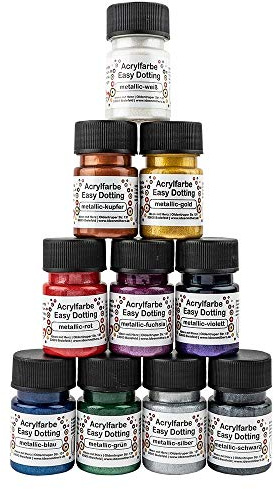 Ideen mit Herz akrylfärg-set Easy Dotting | Metallic akrylfärg | 10 färger à 30 ml | högpigmenterad | krämig konsistens | vit, silver, guld, koppar, röd, fuchsia, violett, blå, grön och svart