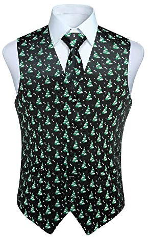 Enlision Rolig julväst för män, med glad jultomte, set med slips, fyrkantig näsduk och kostymväst, storlek XS–4XL