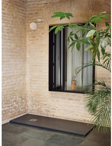 JARDIN202 - Plato de Ducha textura sillar | Grafito | Desagüe Desplazado | 80X140 -