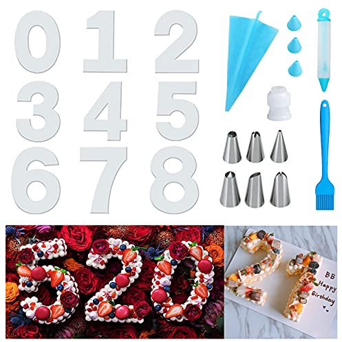 Stampo Torta Numero 0-9, Stampi per Dolci Numeri Grandi, Stampi per Torte Numeri 14 pollici con Beccucci Sac a Poche e Sacca Poche per Dolci, 18 Pezzi per Matrimoni Compleanni Anniversari (14 pollici)