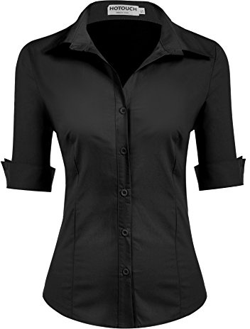 Hotouch Damblus, sommar, skjortblus, 3/4 ärmar, smal passform, skjorta, bomull, basic, skjorta, affärsblusar med knapplist, kortärmad, v-ringad, bluströja, toppar, Svart (en storlek mindre för Slim