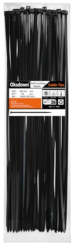 Oksdown 100 Pack Black Thick Cable Ties Heavy Duty Large 400mm×4.8mm Strong Nylon Plastic Self Locking 16 inch/40 cm Extra Long Zip Tie Wraps