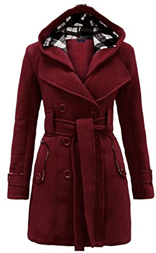 YMING Femmes Casual Hiver Veste À Manches Longues Trench-Coats Double Poitrine Avec Ceinture Borbeaux L