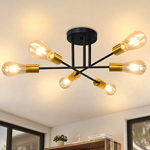 CBJKTX taklampa vintage taklampa retro - 6 lågor vardagsrumslampa | Industriell E27 svart och guld metall sovrumslampa för sovrum kök matsal vardagsrum (utan glödlampor)
