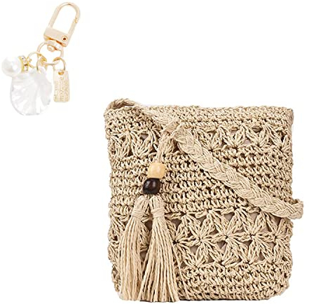 YSDYY 1 sac femme en paille à une épaule, besace de plage all-match d'été, sac décontracté avec creux frangé beige, avec fermeture éclair, 1 pendentif accessoire coquillage de plage