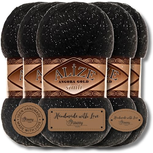 Hobby YARN Alize Angora Gold Simli - 5 ovillos de lana virgen turca de 100 g, lana virgen con efecto purpurina, lana de bebé, como hilo para tejer a mano, hilo de angora, color negro, 60