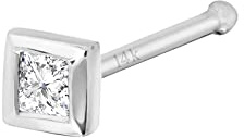 Jewelry Avalanche 22G 14K White Gold Bone-end Nose Stud Bezel Set 0.035ct Princess Cut Diamond - April Birthstone Nose Ring - NSBNWG_PWD15