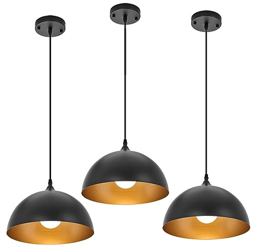 PINDODO Industrial Pendant Light Fixtures,11.8 Black Dome Pendant Lights,Adjustable Vintage Hanging Lamp for Kitchen Island Restaurant Bar Cafe Dining Room Sink,3 Pack