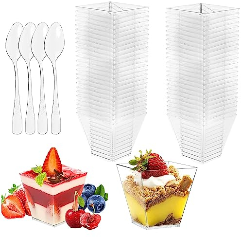talifoca 50 stück Dessertgläser mit Löffeln, 2oz/60ML Plastik Desserttasse, Dessertschalen Wiederverwendbar, Quadratischer dessertbecher für Pudding Mousse Eiscreme Dessert Party