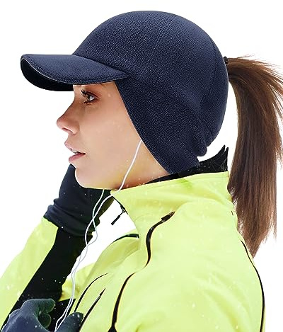 Gisdanchz Dam stretchig fleece hästsvansmössa med öronlapp – vertikal hästsvanshål vintermössa för alla hår, Mörkblått, S/M