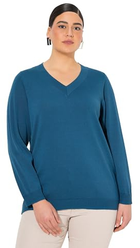 Ulla Popken Maglione in Morbida Maglia fine con Scollo a V e Maniche Lunghe Verde Blu 42+ 791606768-42+
