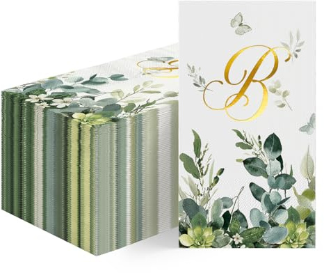 Horaldaily 100 Spring Disposable Paper Decorative Guest Napkins, Watercolor Eucalyptus Monogram Gold Foil Letter B for Party Bathroom Wedding Birthday Baby Shower